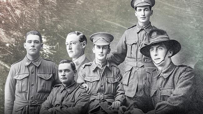 A partir da esquerda: Os irmão Errol, o condecorado Clarence, Aubrey, Herbert, Frederick e Alfred (fotomontagem) 